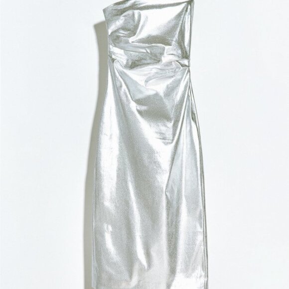 NEW Zara Women's METALLIC STRAPLESS LONG DRESS Silver - Picture 2 of 14